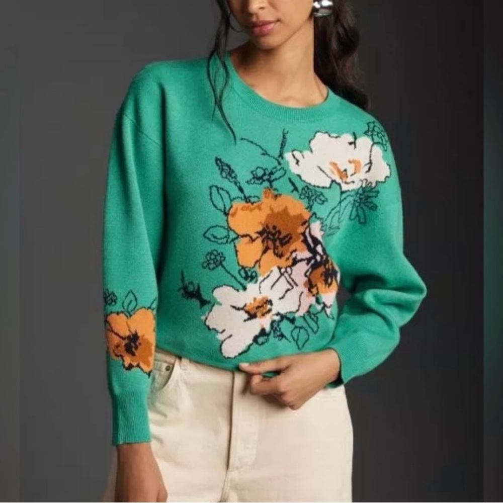 Anthropologie Maeve Sonal Nathwani Camryn Cropped Crewneck Sweater Size S